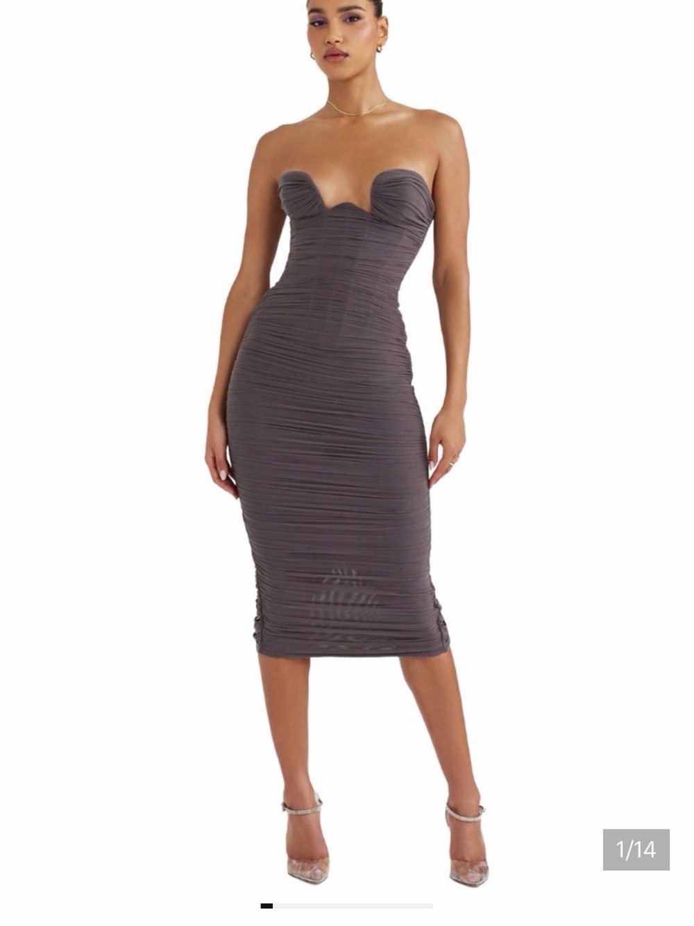 House of CB Strapless Ruched Midi Dress in Charcoal